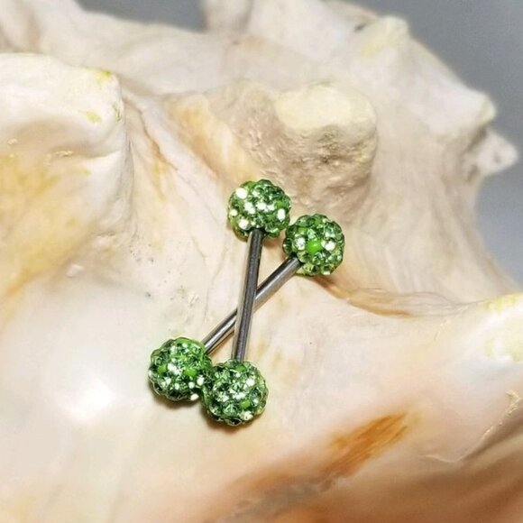 PAIR green Ferido ball ends nipple bars 14G disco externally threaded stainess - Picture 1 of 3